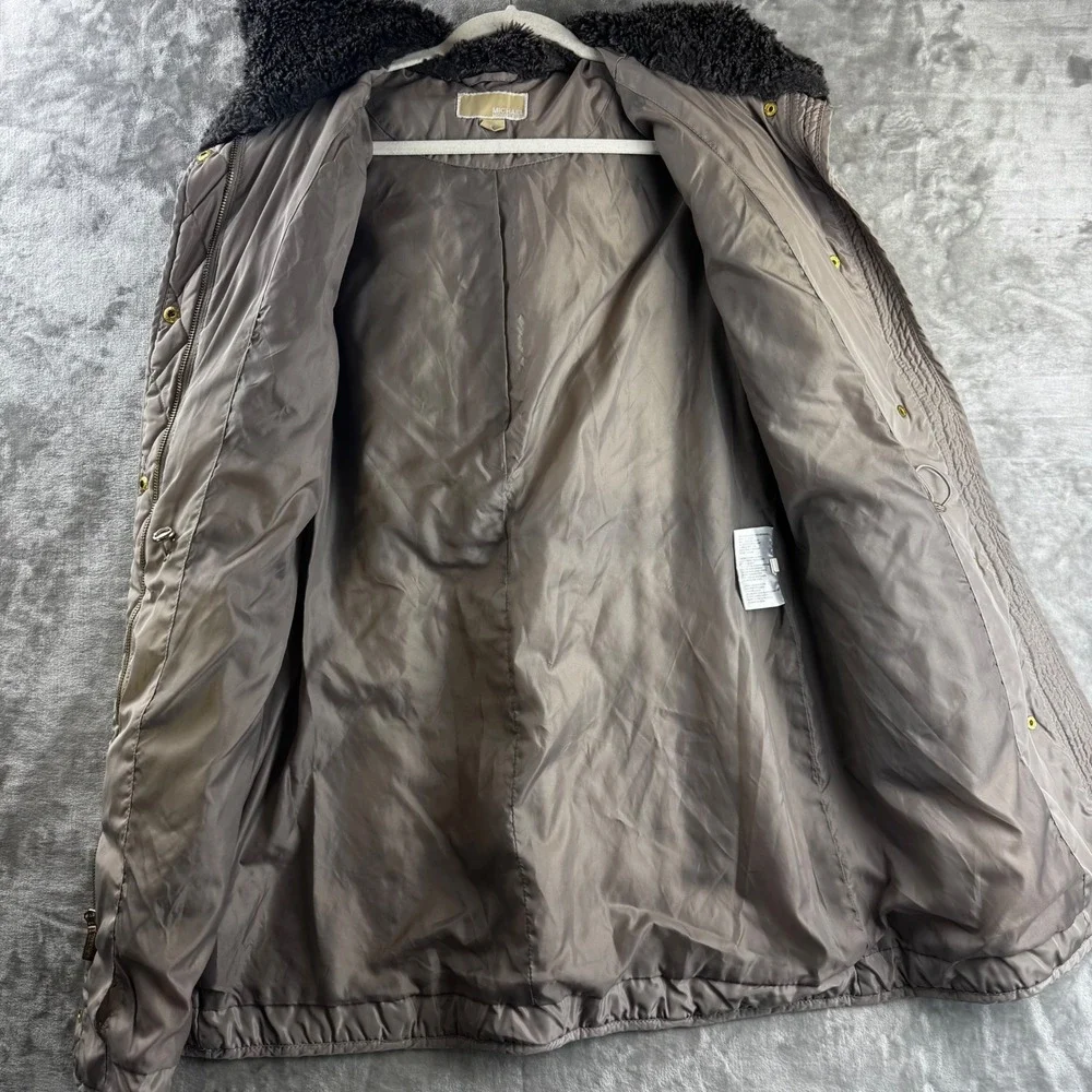 Michael Kors Quilted Parka Women Medium Taupe Faux Fur Hood Jacket (P)